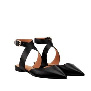 Maje Fimea Black Leather Pointed Toe Flats with Ankle Straps Size EU 38 US 8